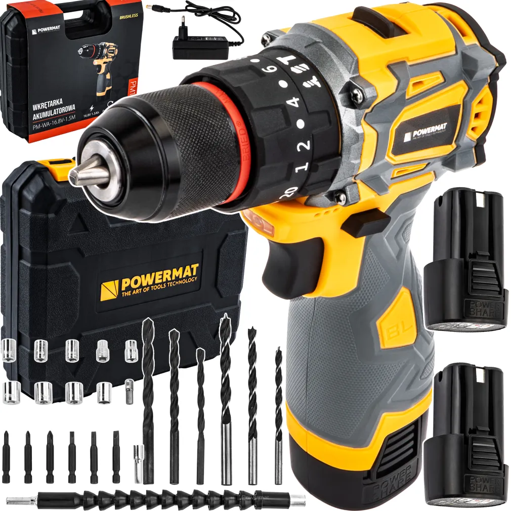 WIERTARKO WKRĘTARKA AKUMULATOROWA BEZSZCZOTKOWA UDAR 16.8V LED 2xAKU + BITY PM-WA-16.8V-1.5M