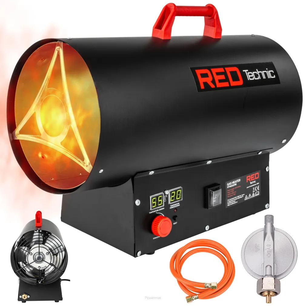 NAGRZEWNICA GAZOWA 45KW 230V TERMOSTAT LCD WĄŻ+REDUKTOR RTNGG0118