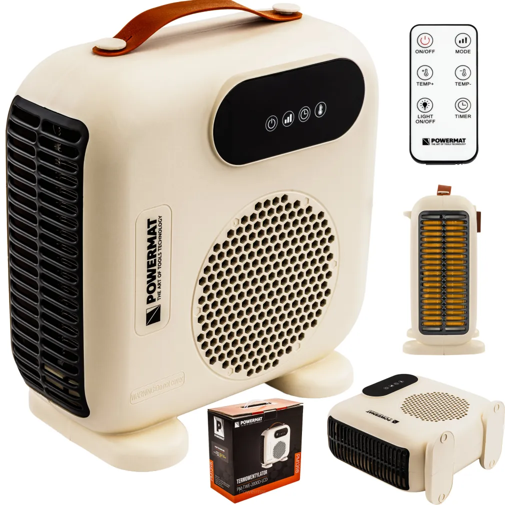 GRZEJNIK TERMOWENTYLATOR ELEKTRYCZNY FARELKA PIONOWY POZIOMY TERMOSTAT LCD 2kw Pilot PM-TWE-2000D-LCD