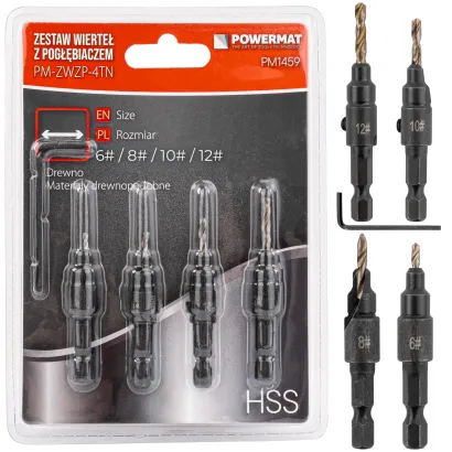 WIERTŁA DO DREWNA Z POGŁĘBIACZEM GZYMKĄ FAZOWNIK DO DREWNA (ZESTAW 5el.) 6-16mm PM-ZWZP-4TN