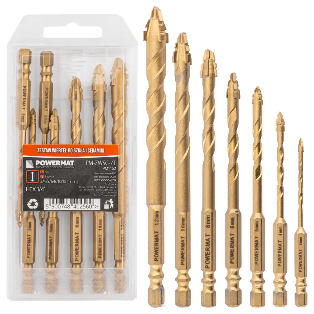 WIERTŁA MIMOŚRODOWE DO SZKŁA GRESU CZTEROOSTRZOWE (ZESTAW 7el.) 3-12mm PM-ZWSC-7T